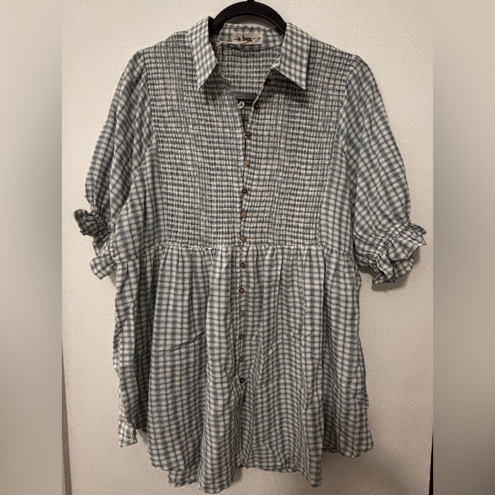 Gray and White Gingham Babydoll Top with Puff Sleeves
